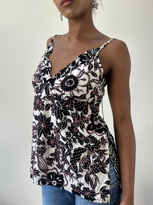 BEST PICKS | small white and black cami top with floral print