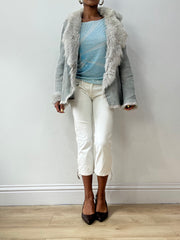 vintage edit thirty-two | small grey suede style jacket with fur lining and oversized buttons