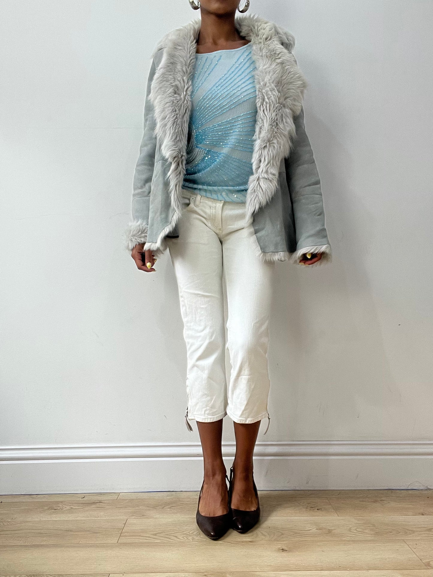 vintage edit thirty-two | small grey suede style jacket with fur lining and oversized buttons
