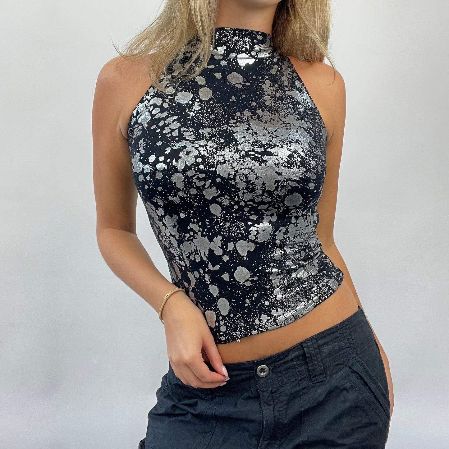 POSH AND BECKS DROP | small black and silver graphic high neck top