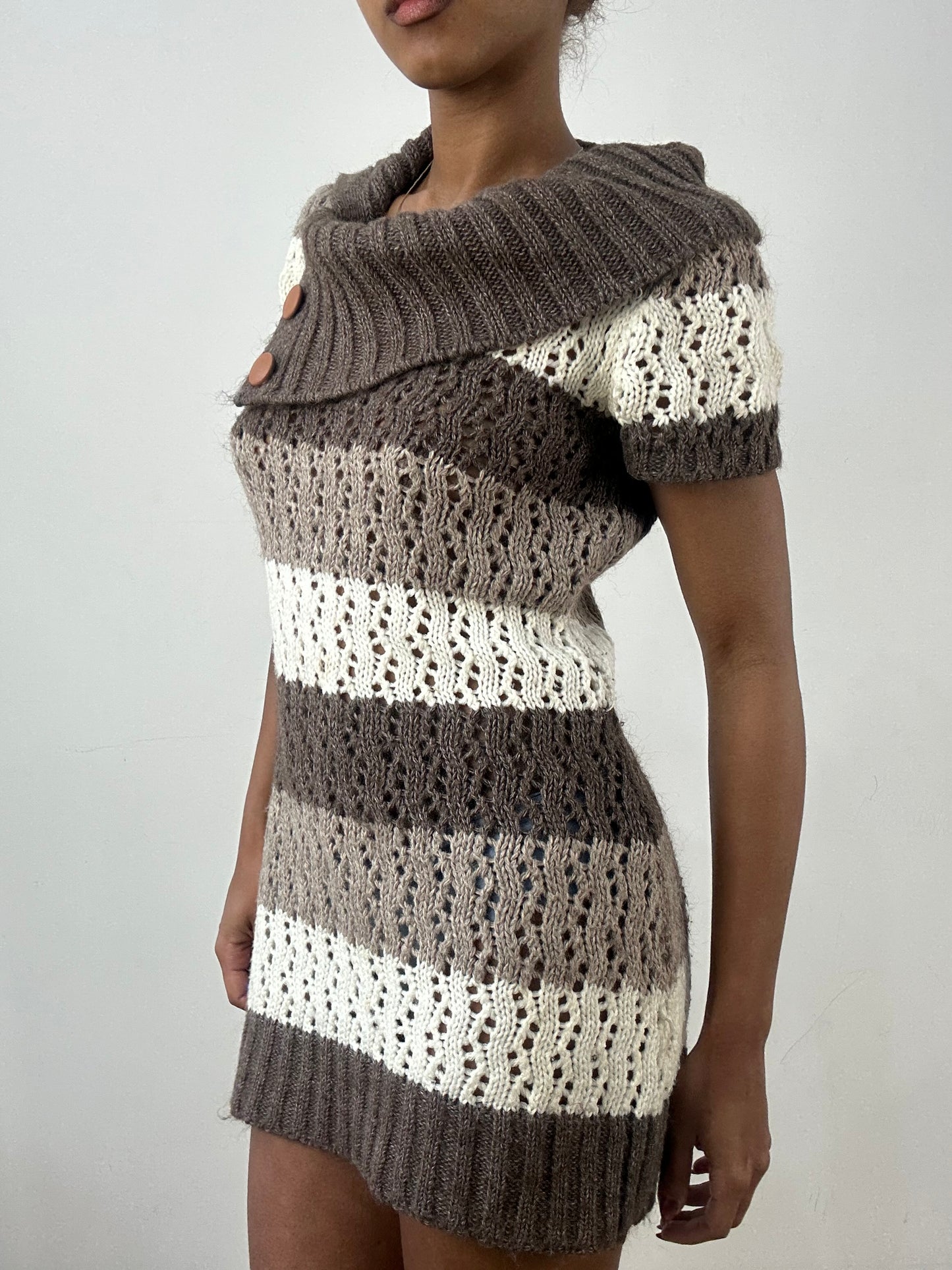 BEST PICKS | small brown knit mini dress with fold over collar