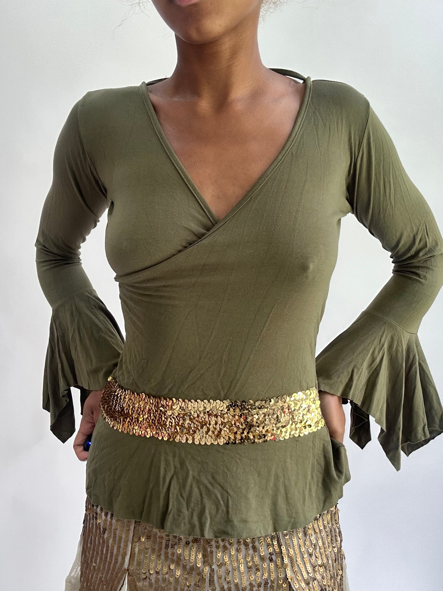 olivia rodrigo drop | small green long sleeve sequin detail top