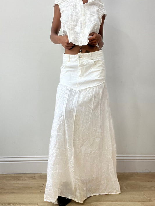 vintage edit thirty-two | medium white linen maxi skirt with denim waistband
