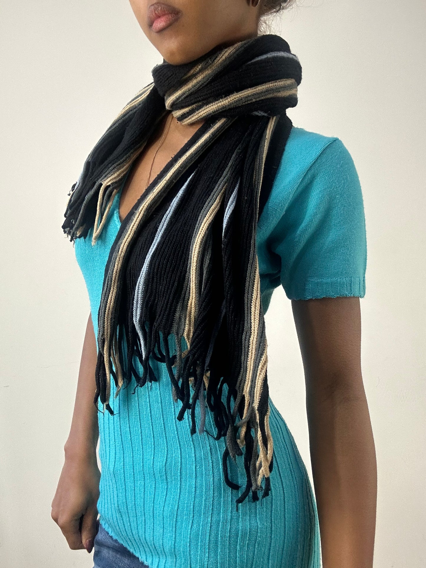 winter edit | black and blue striped knit tassel scarf