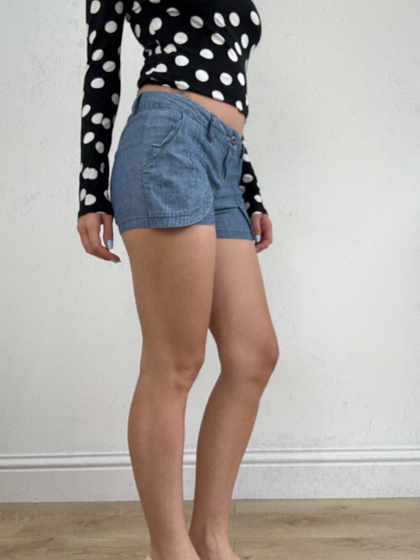 vintage edit twenty eight | small blue light wash denim mini shorts