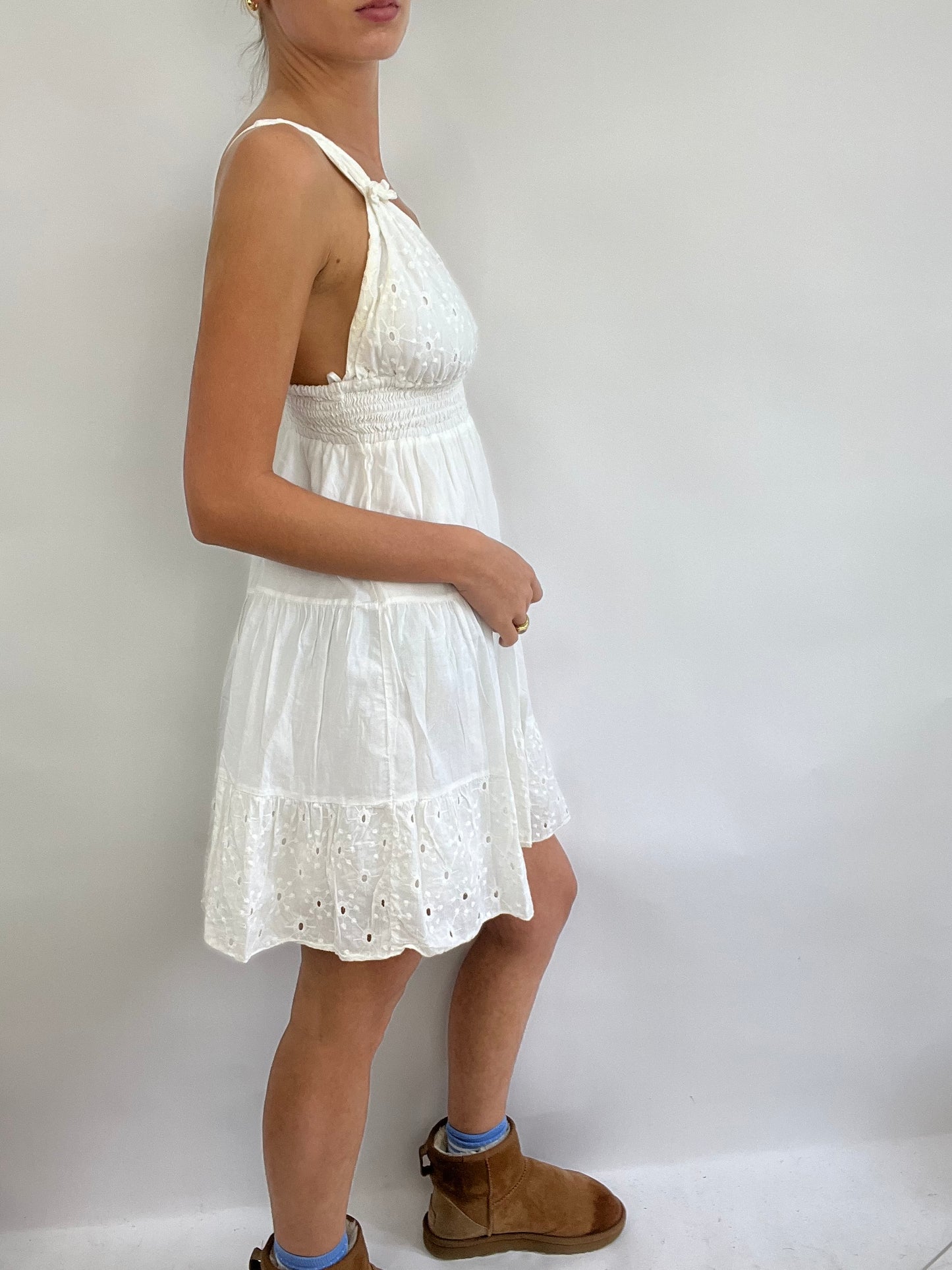 💻 COACHELLA DROP | small white broderie tiered dress with synched waist