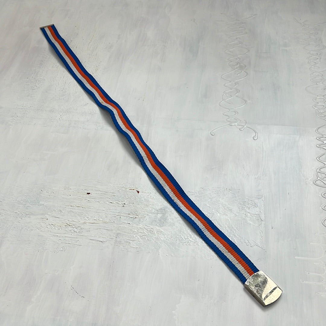 EUROS DROP | orange white and blue striped belt with bronze buckle