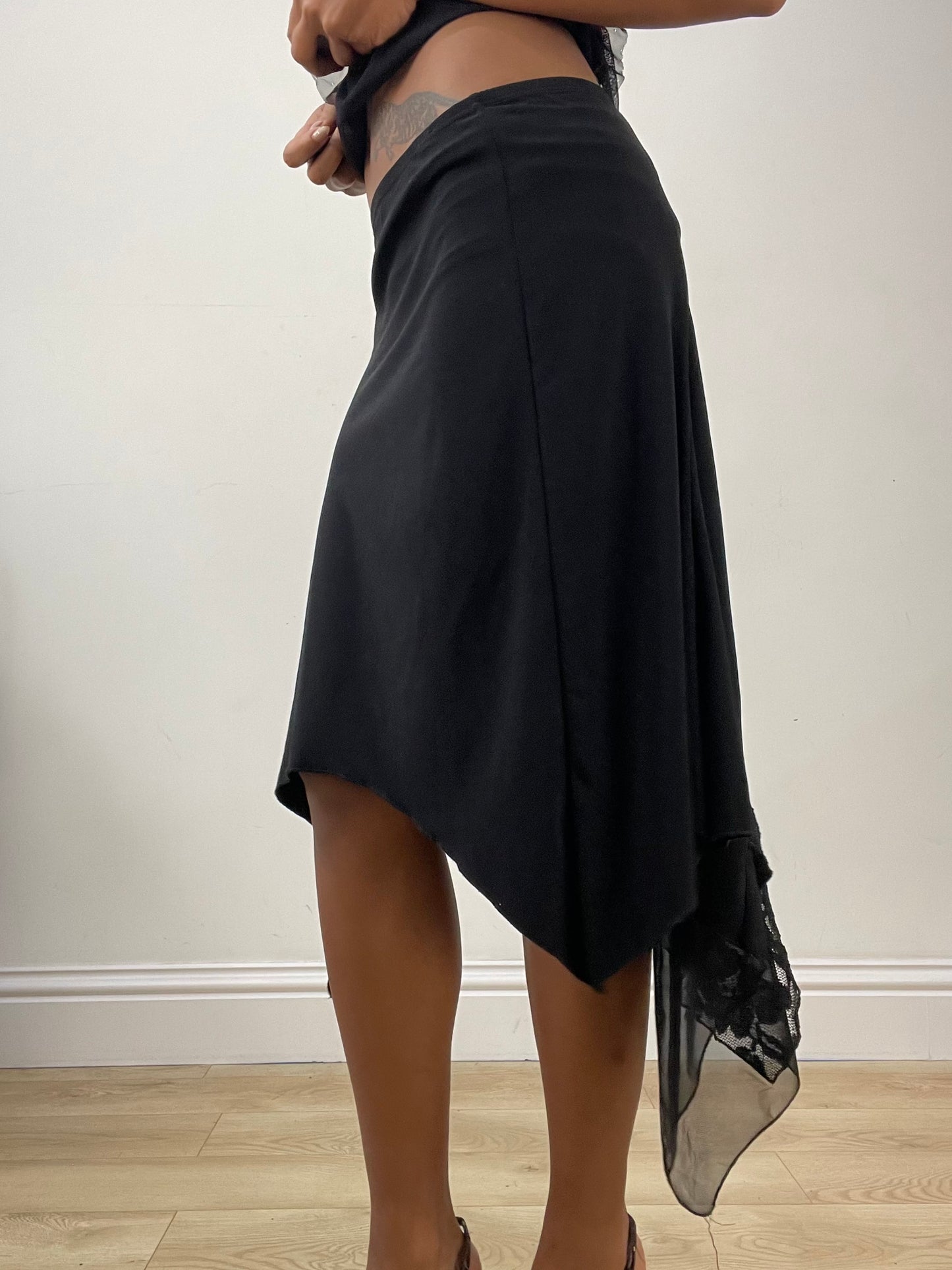 vintage edit: halloween | small black asymmetric midi skirt with lace detail