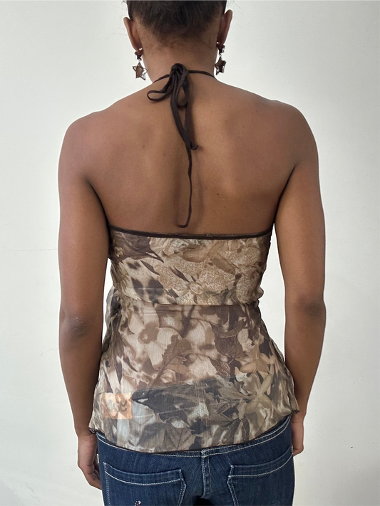 BEST PICKS | small brown halterneck wrap top with floral print