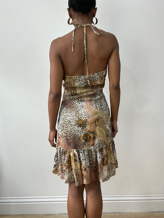 vintage edit thirty-two | small brown leopard print halterneck midi dress
