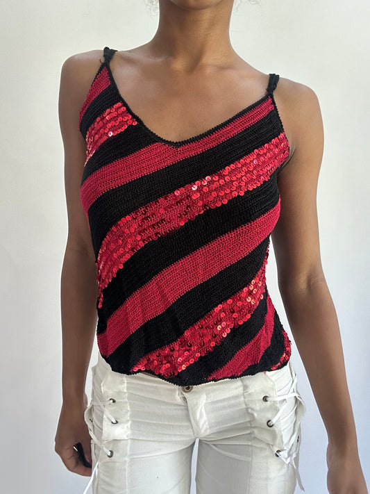 olivia rodrigo drop | small red and black striped cami top