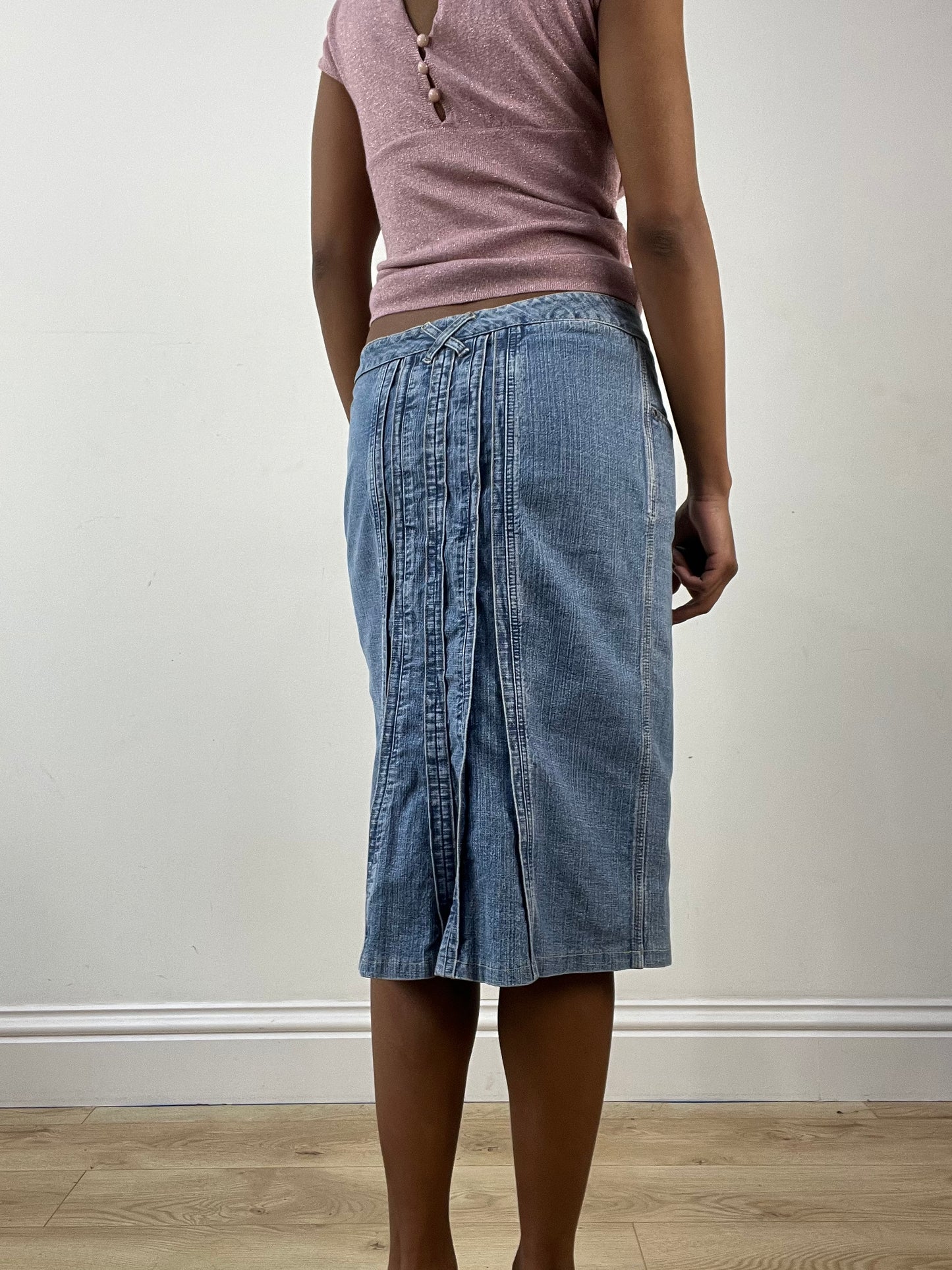 BEST PICKS | small light blue denim midi skirt with pleated back detail