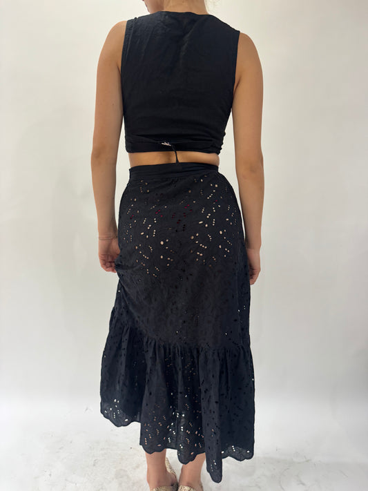 french summer drop | small black broiderie maxi skirt