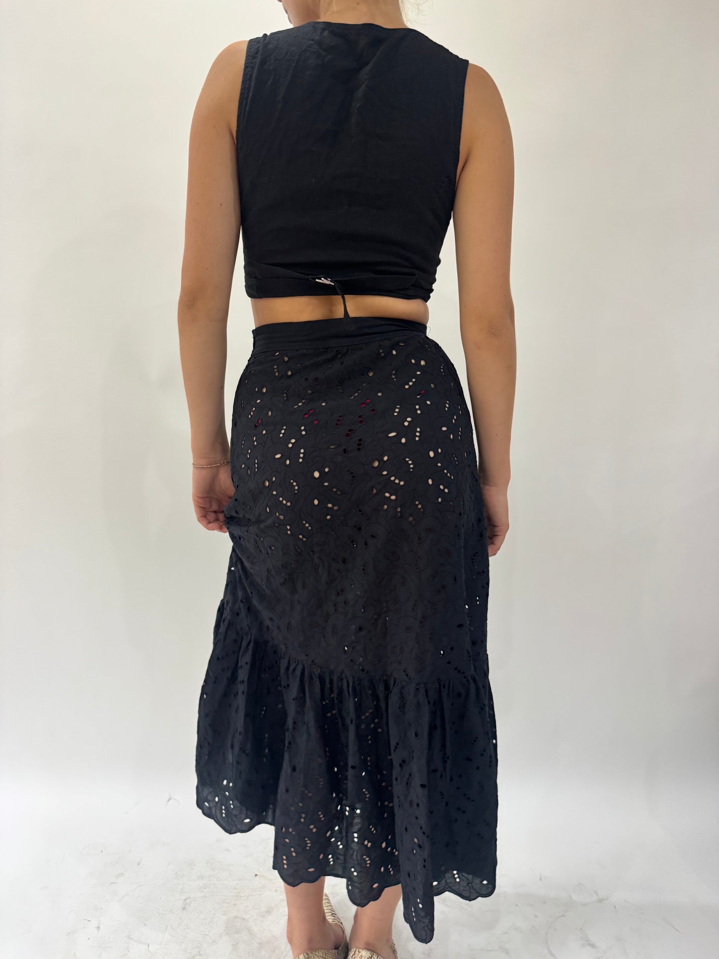 french summer drop | small black broiderie maxi skirt