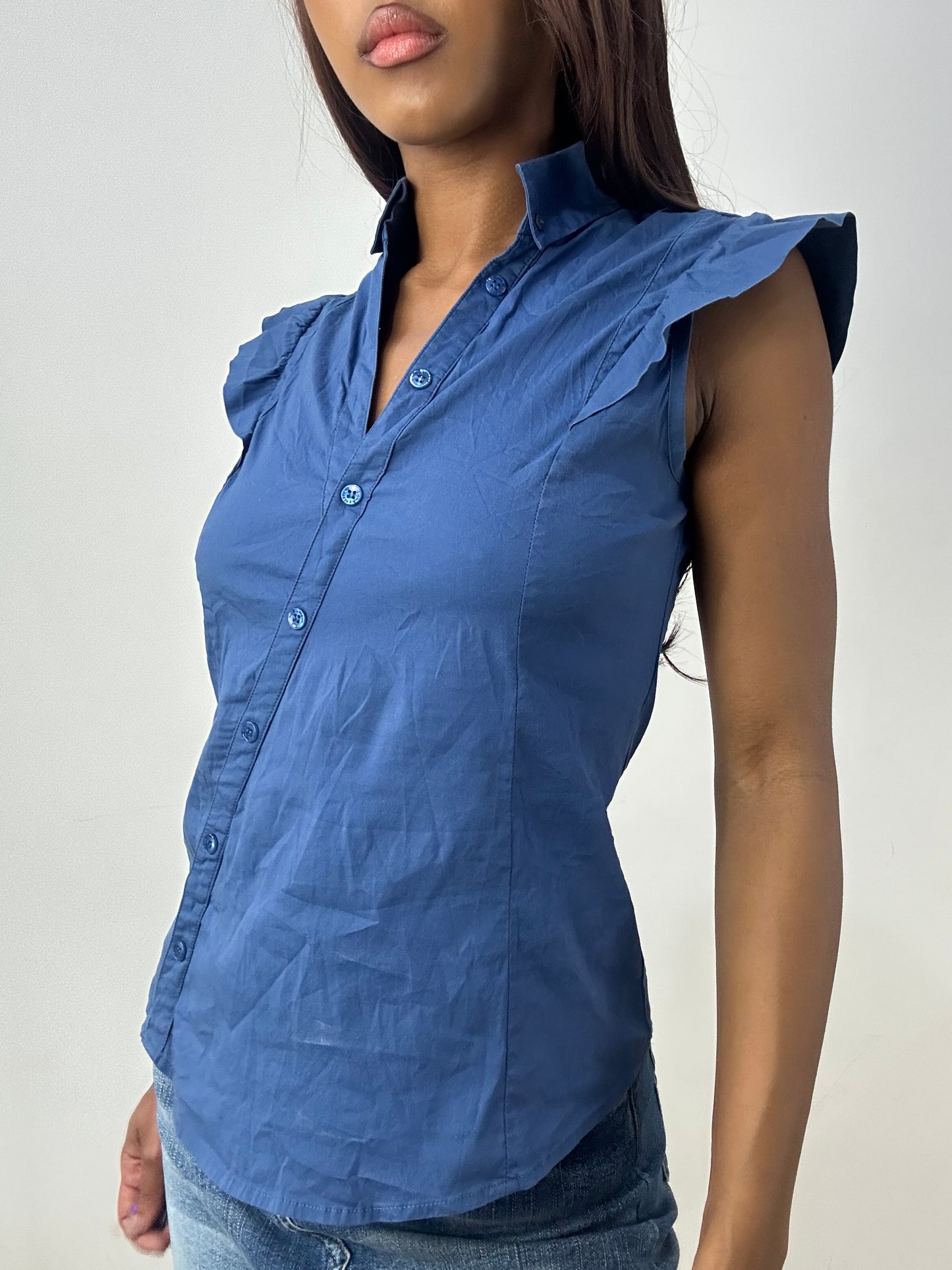 vintage edit thirty-three | small blue guess asymmetric button up shirt