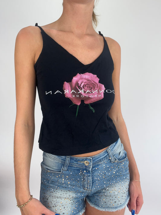 BRITISH SUMMER GIRL DROP | small black cami with rose graphic