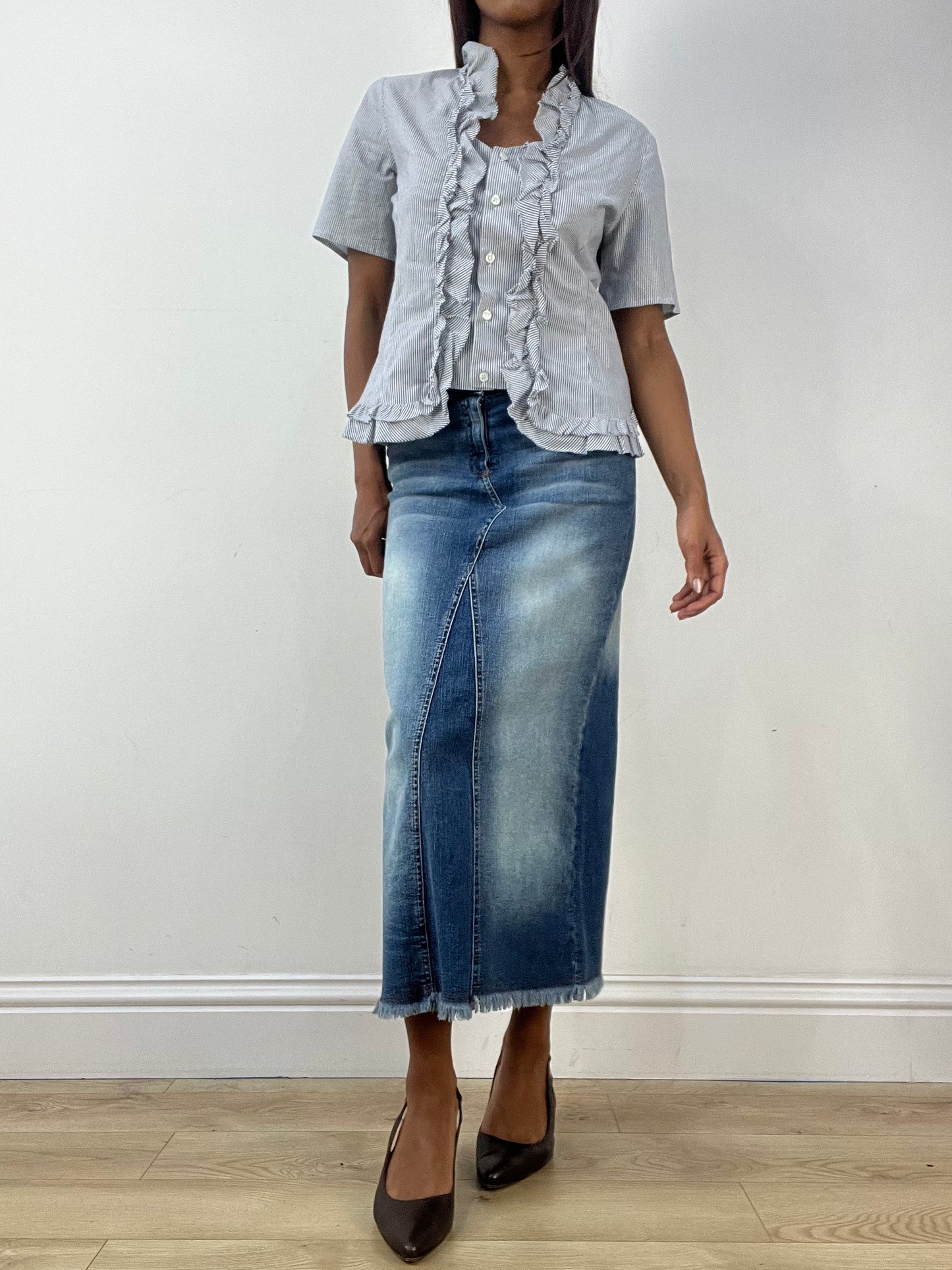 vintage edit thirty-three | medium white and blue pinstripe shirt with ruffle trim