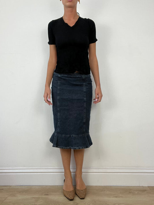 💻 LIBRARIAN CORE | small dark wash blue denim midi skirt