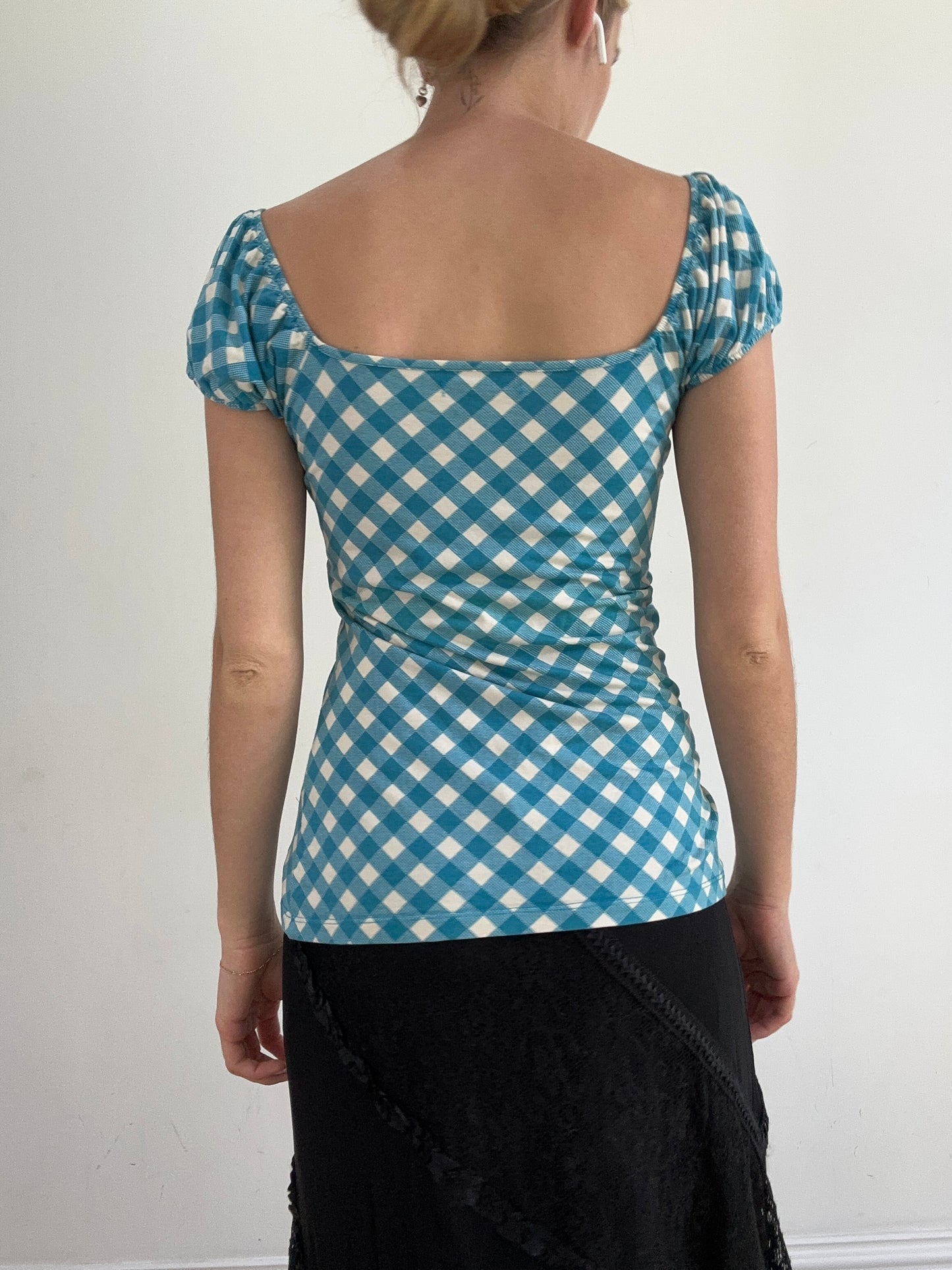 summer edit | medium blue and white milkmaid style top with gingham print