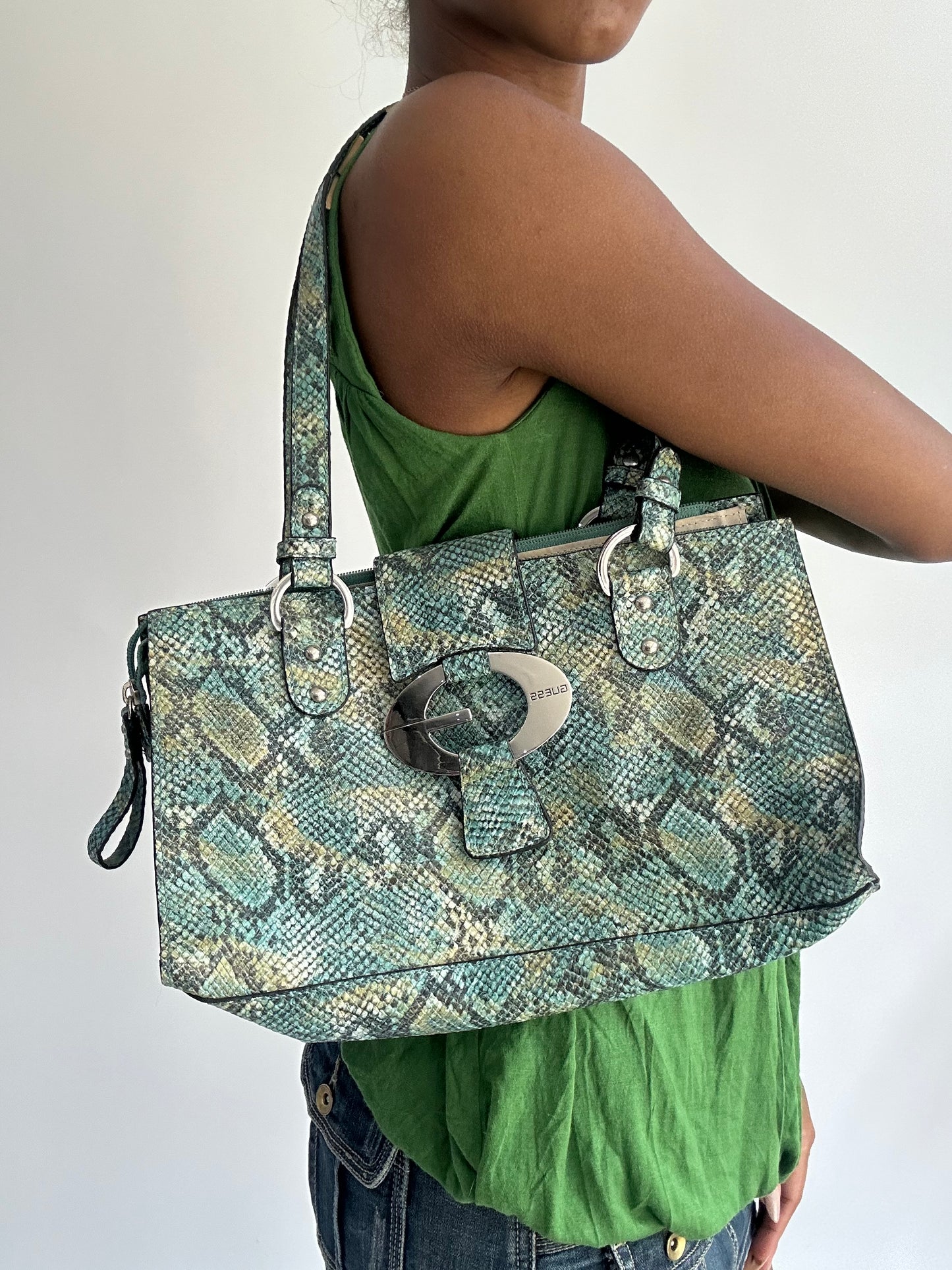 summermaxxing drop | green guess snakeskin shoulder bag