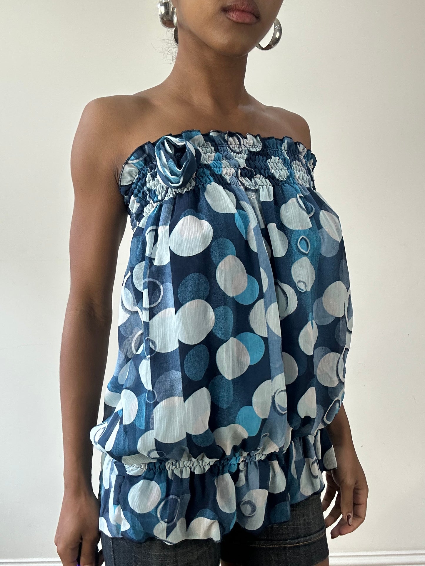 vintage edit thirty-one | small blue and white bandeau top with circle print