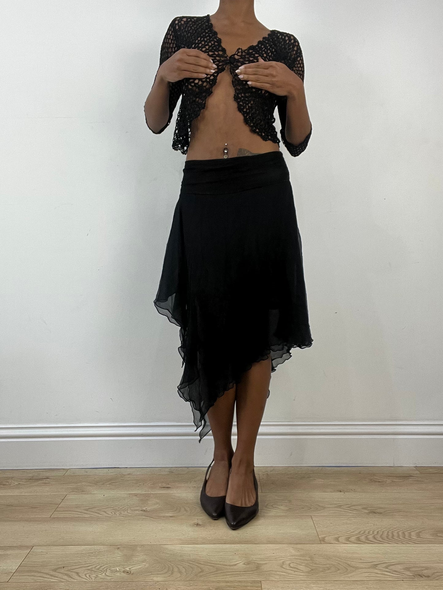 vintage edit: indie sleaze | small black crochet cardigan with button up detail