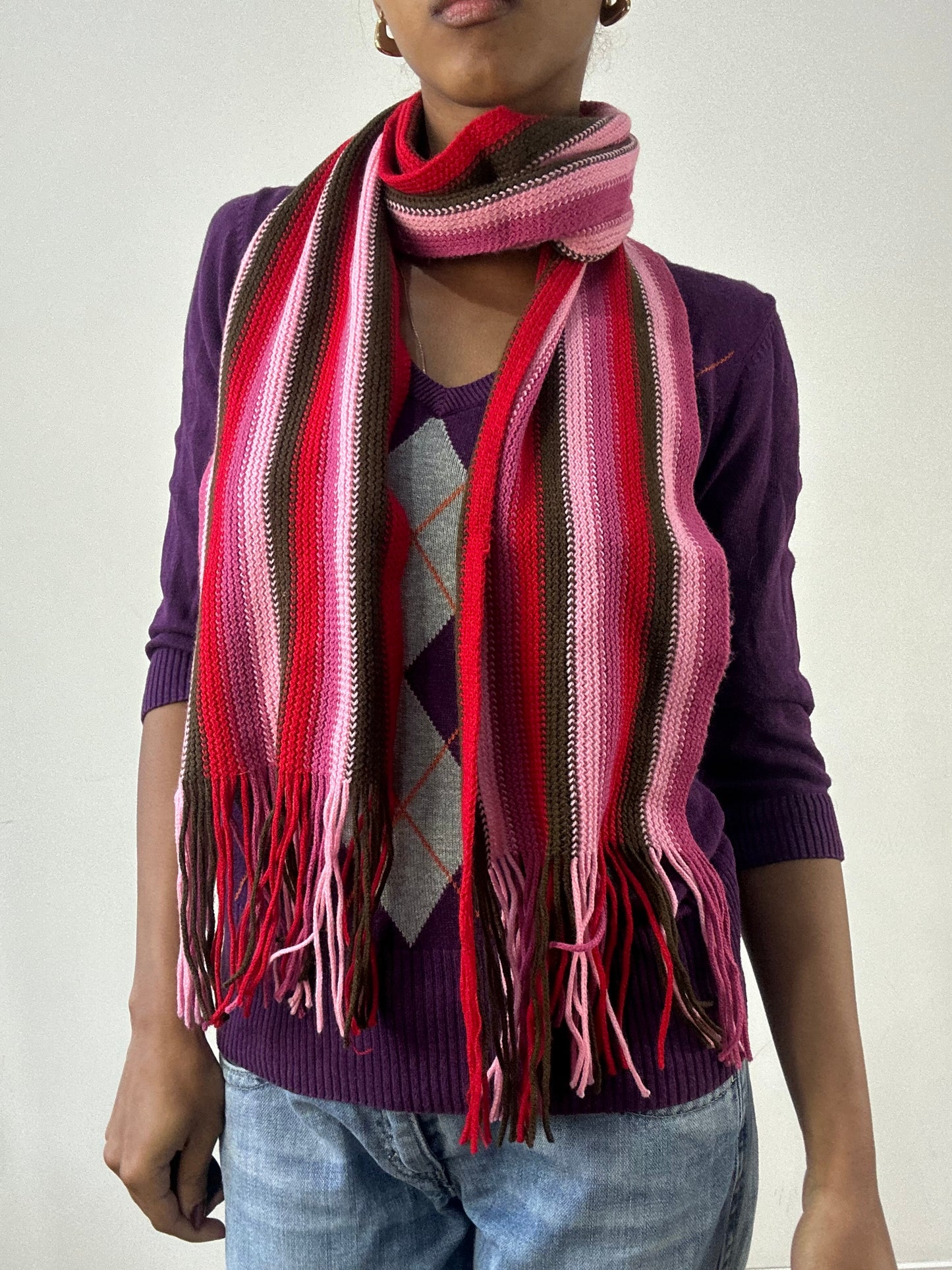 winter edit | pink and black striped knit tassel scarf