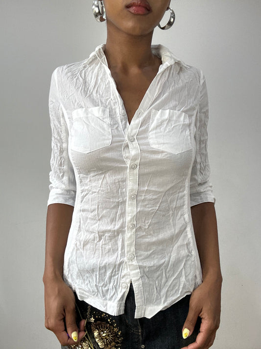 vintage edit thirty-two | small white orsay button up shirt with pocket detail