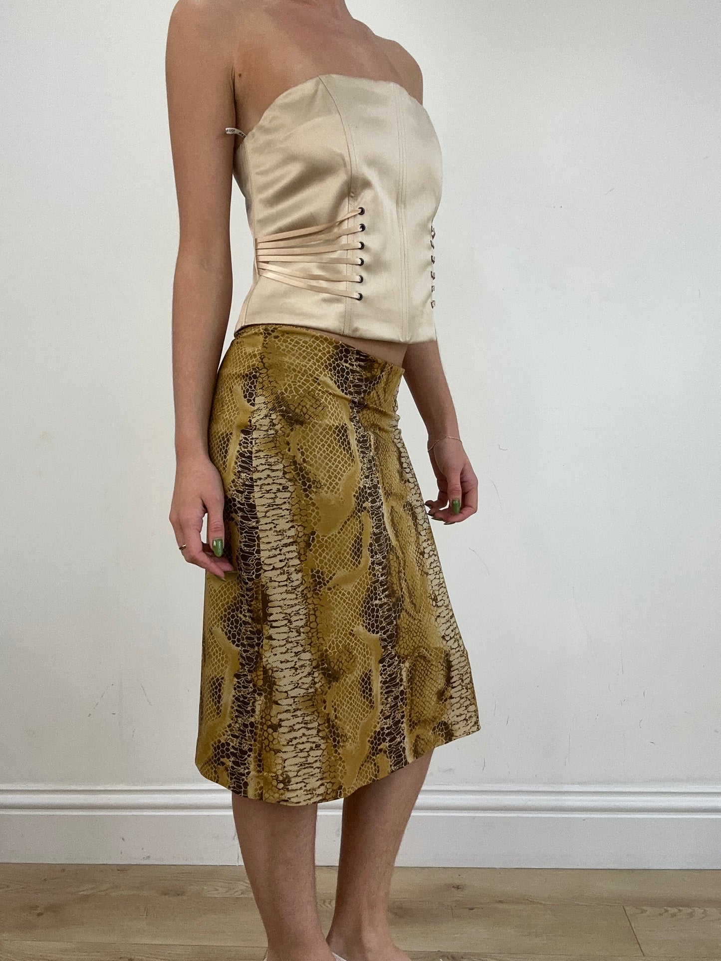 vintage edit nineteen | small brown and yellow snakeskin print midi skirt