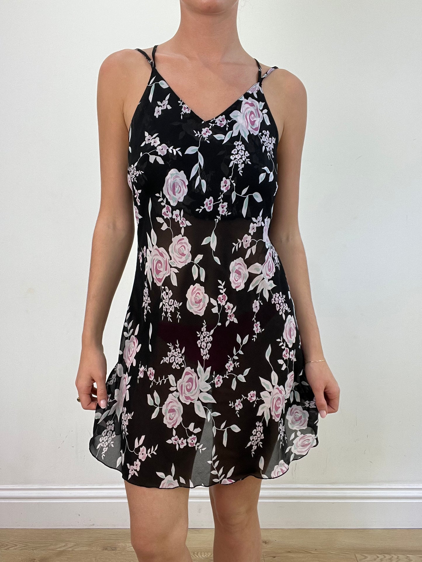 vintage edit: wedding guest | small black mini dress with pink floral print