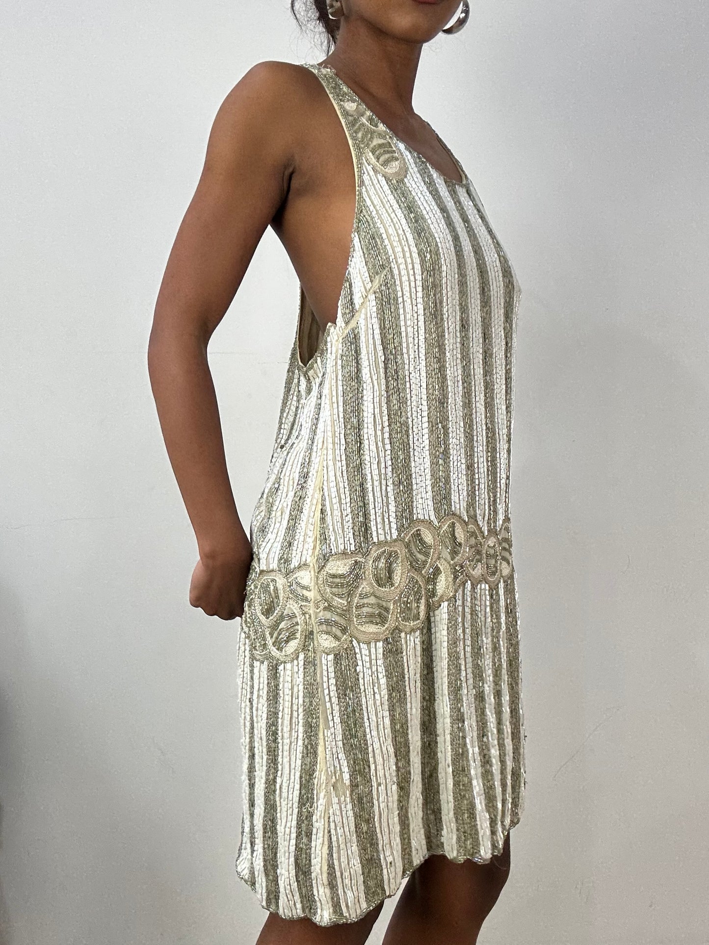 vintage edit: halloween | small white and green beaded midi dress