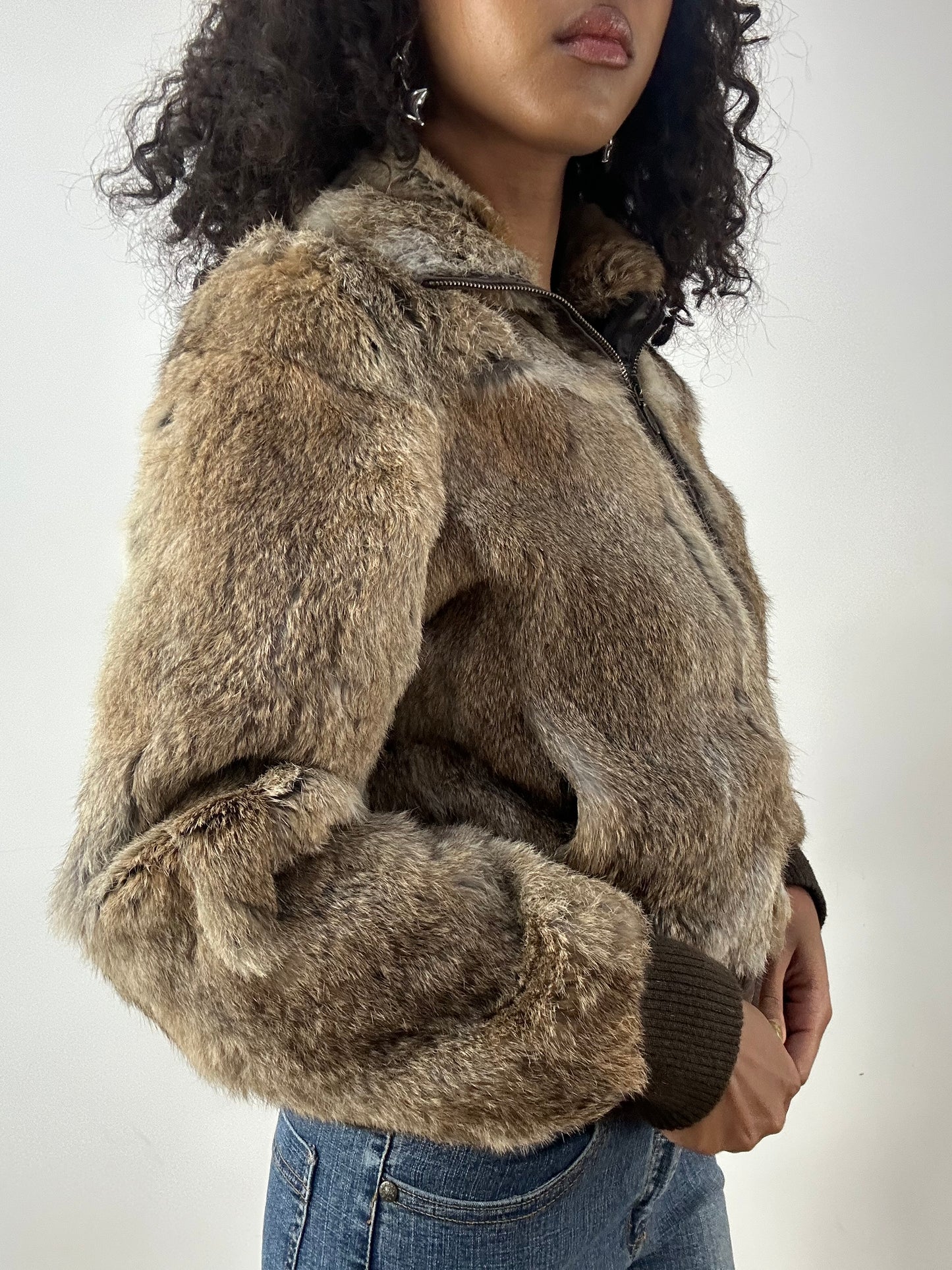 LFW edit | small brown fur zip up bomber jacket