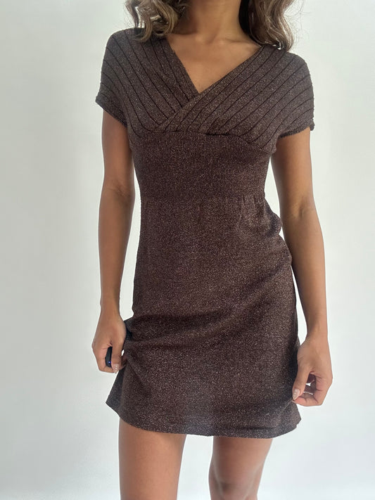 wedding guest drop | small brown glittery mini dress