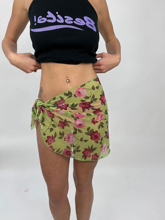 COCONUT GIRL DROP | green mesh wrap skirt with pink floral print