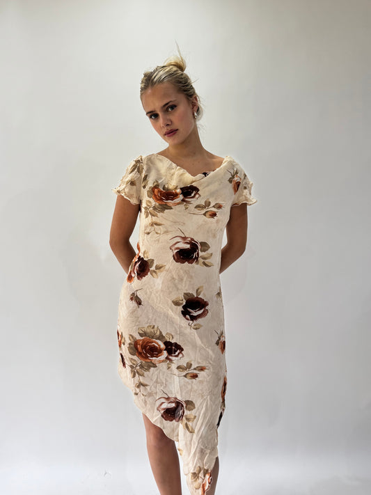 french summer drop | small beige floral sheer asymmetric midi dress
