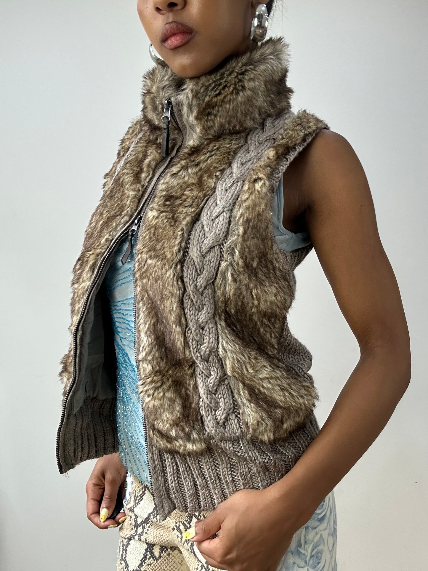 vintage edit thirty-two | small brown faux fur gilet with knitted detail