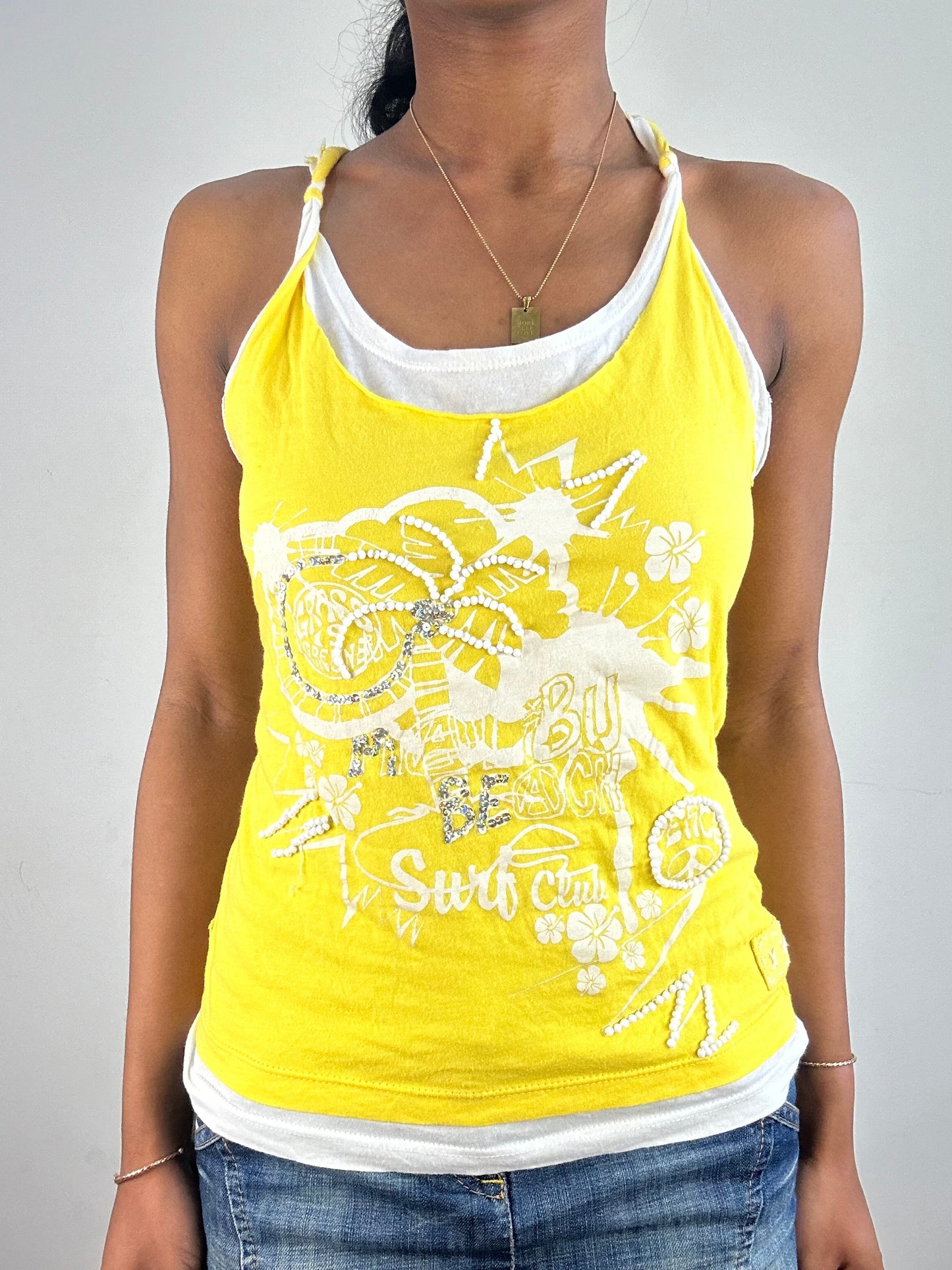 vintage edit: tops | medium yellow and white cami top with sequins and beach print