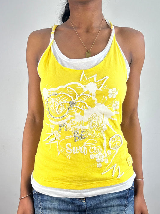 vintage edit: tops | medium yellow and white cami top with sequins and beach print