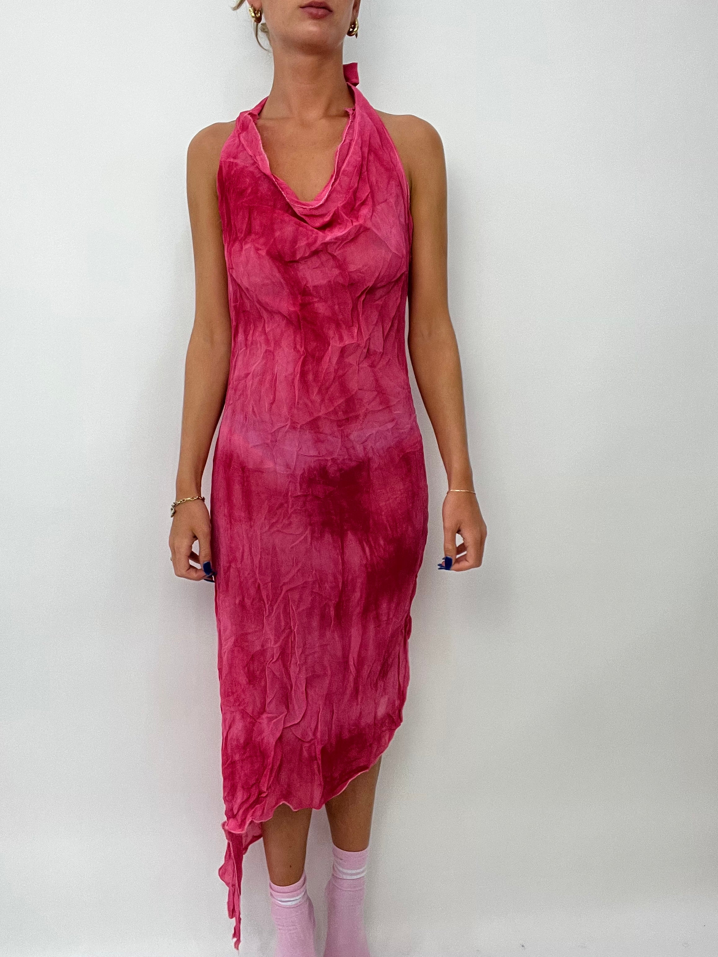 FRUITY DROP | small pink halterneck semi sheer tie dye midi dress – remass
