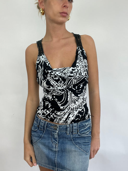 💻COACHELLA DROP | small black and white cowl neck top with crochet straps