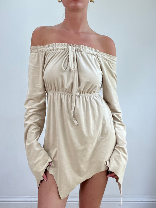 💚 miley cyrus edit | small beige suede style off the shoulder dress