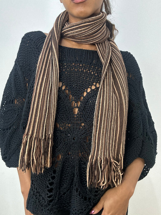 BEST PICKS | brown and cream striped knit tassel scarf
