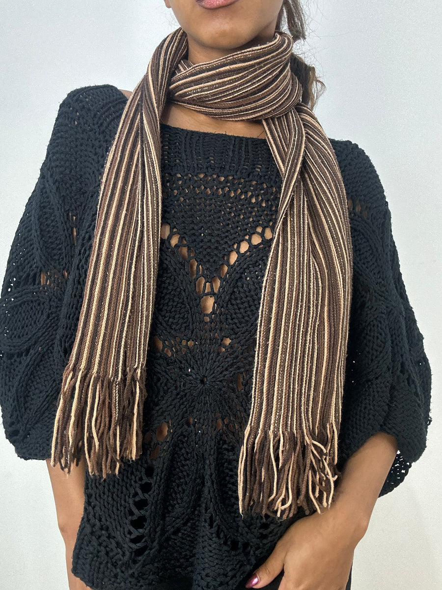 BEST PICKS | brown and cream striped knit tassel scarf
