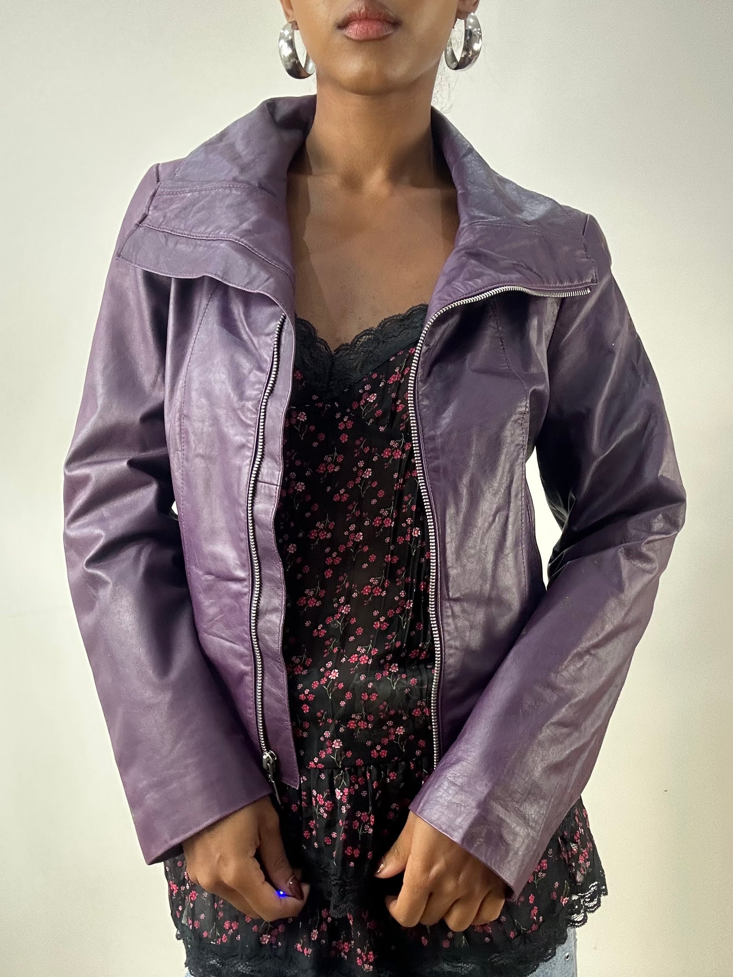 LFW edit | small purple faux leather jacket with silver zip detail