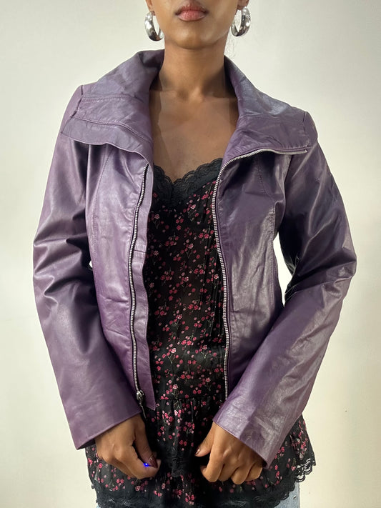 LFW edit | small purple faux leather jacket with silver zip detail