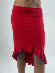 💚vintage edit thirty-five | taille: XS · couleur: rouge · article: jupe · détails: asymétrique + volants + longueur midi