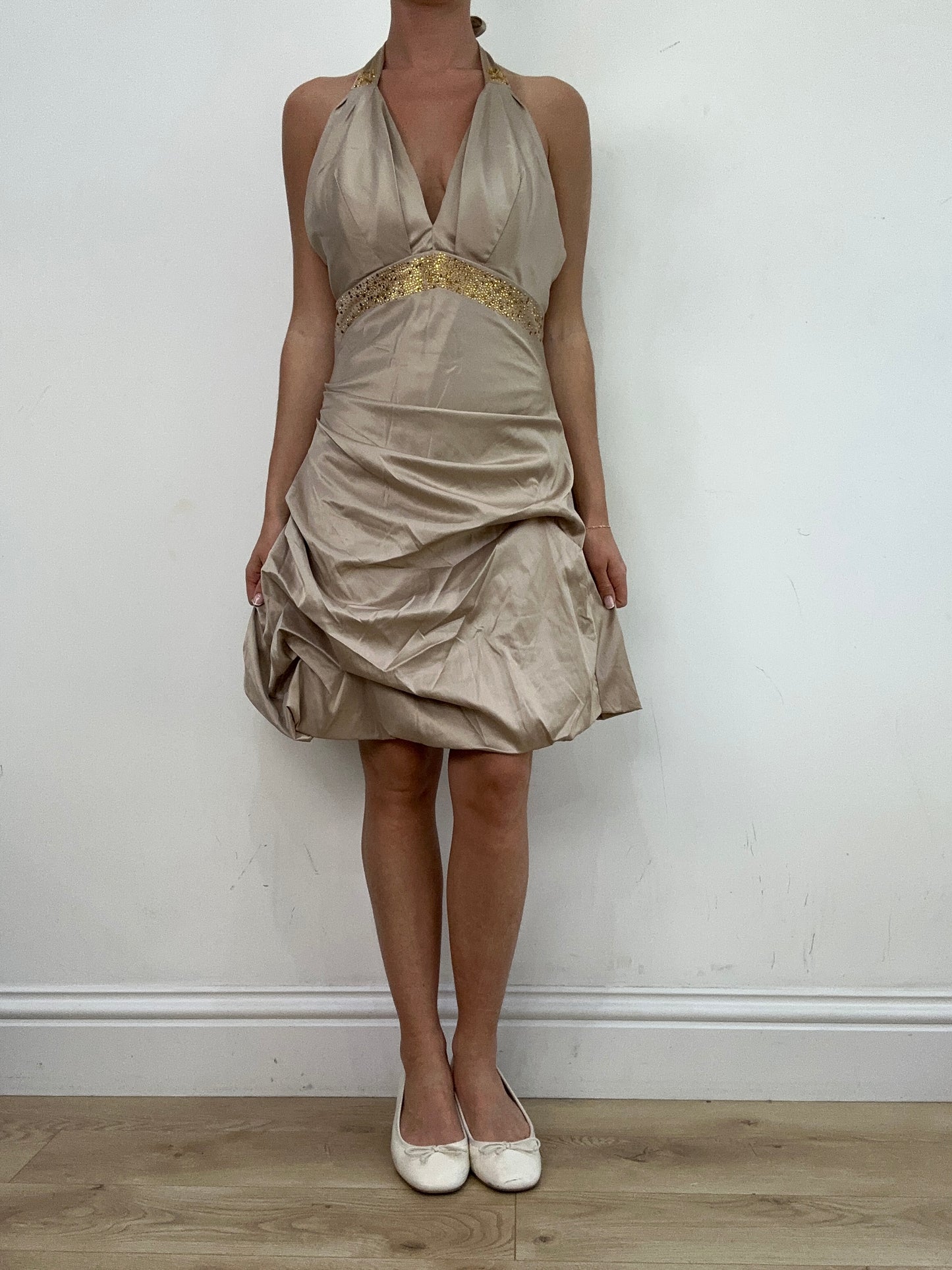 vintage edit: wedding guest | medium gold halter neck dress with diamante detail