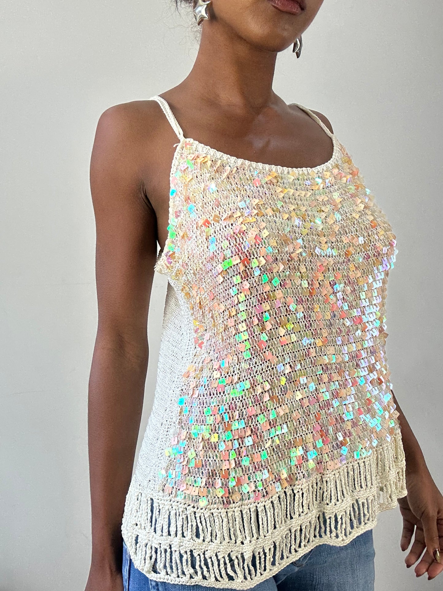 BEST PICKS | medium white sequin and crochet cami top
