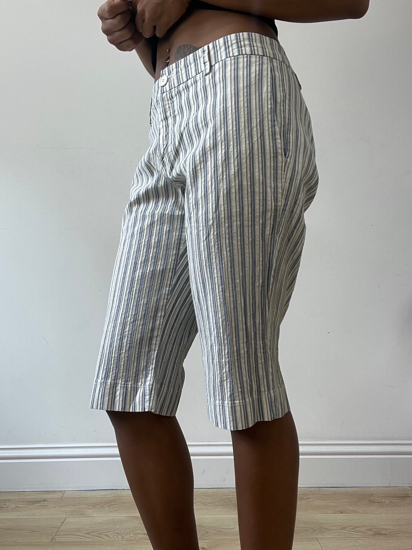 vintage edit thirty-one | medium blue and white striped capri trousers