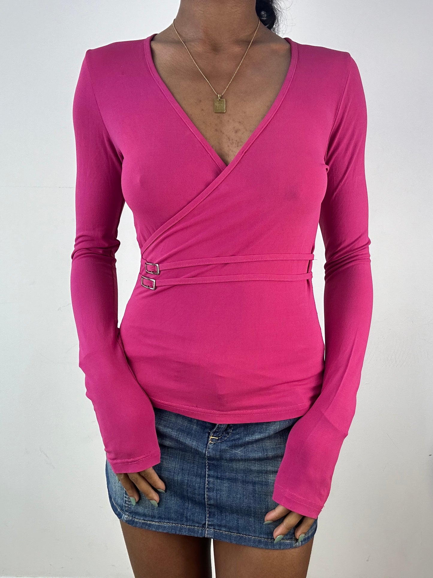 vintage edit: tops | small hot pink long sleeve wrap top with silver buckle details